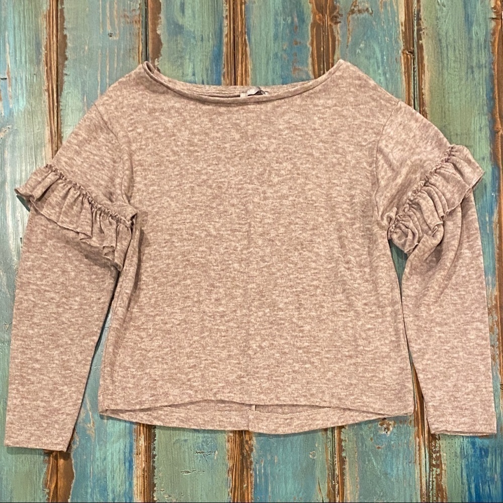 Zara Collection Sweater Heather Brown Ruffle Long Sleeve Boat Neck Size Small